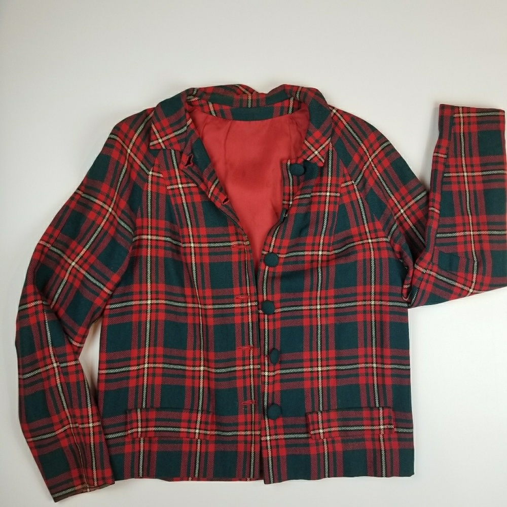 Vintage Wool Red Green plaid 40's Fitted Jacket M
